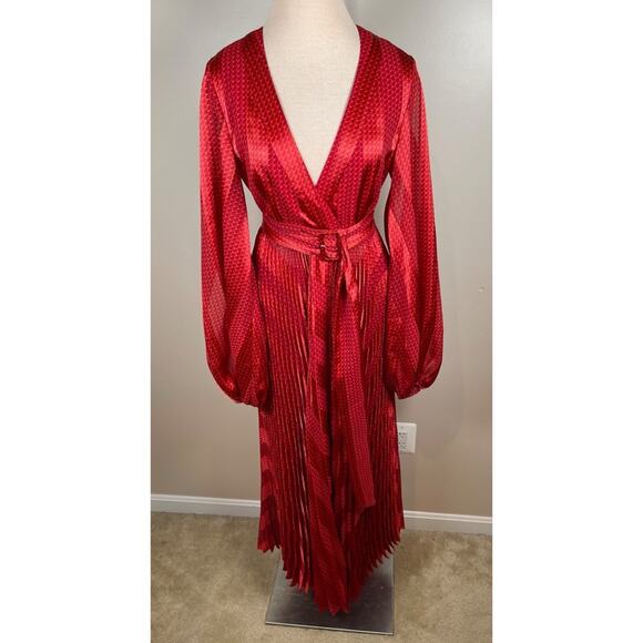 ALEXIS Salomo Long Sleeve V Neckline Belted Pleated Red Stripe Maxi Dress Sz Sw - Picture 4 of 12